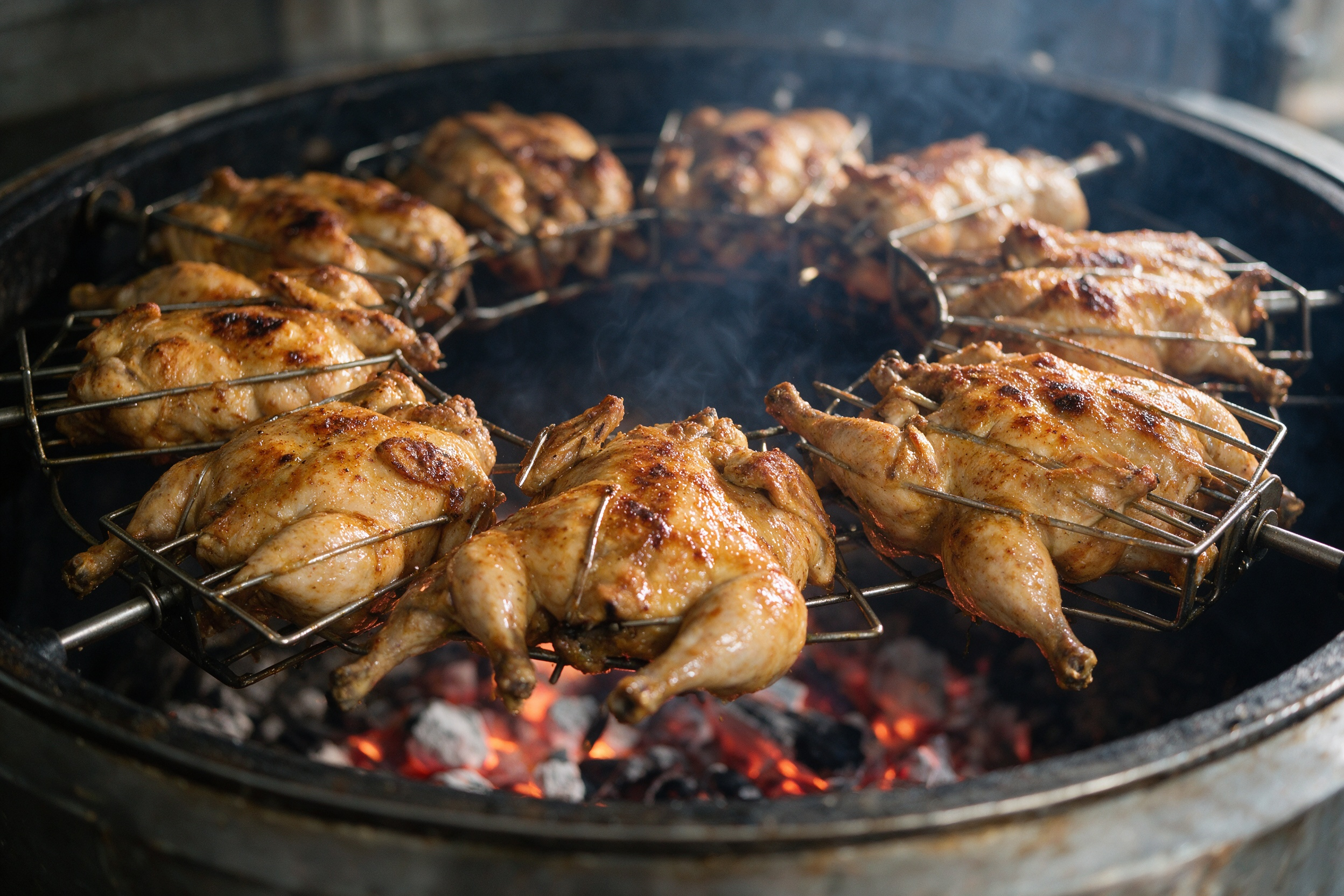 Pollo asándose en el horno rotatorio de carbón de La Calita