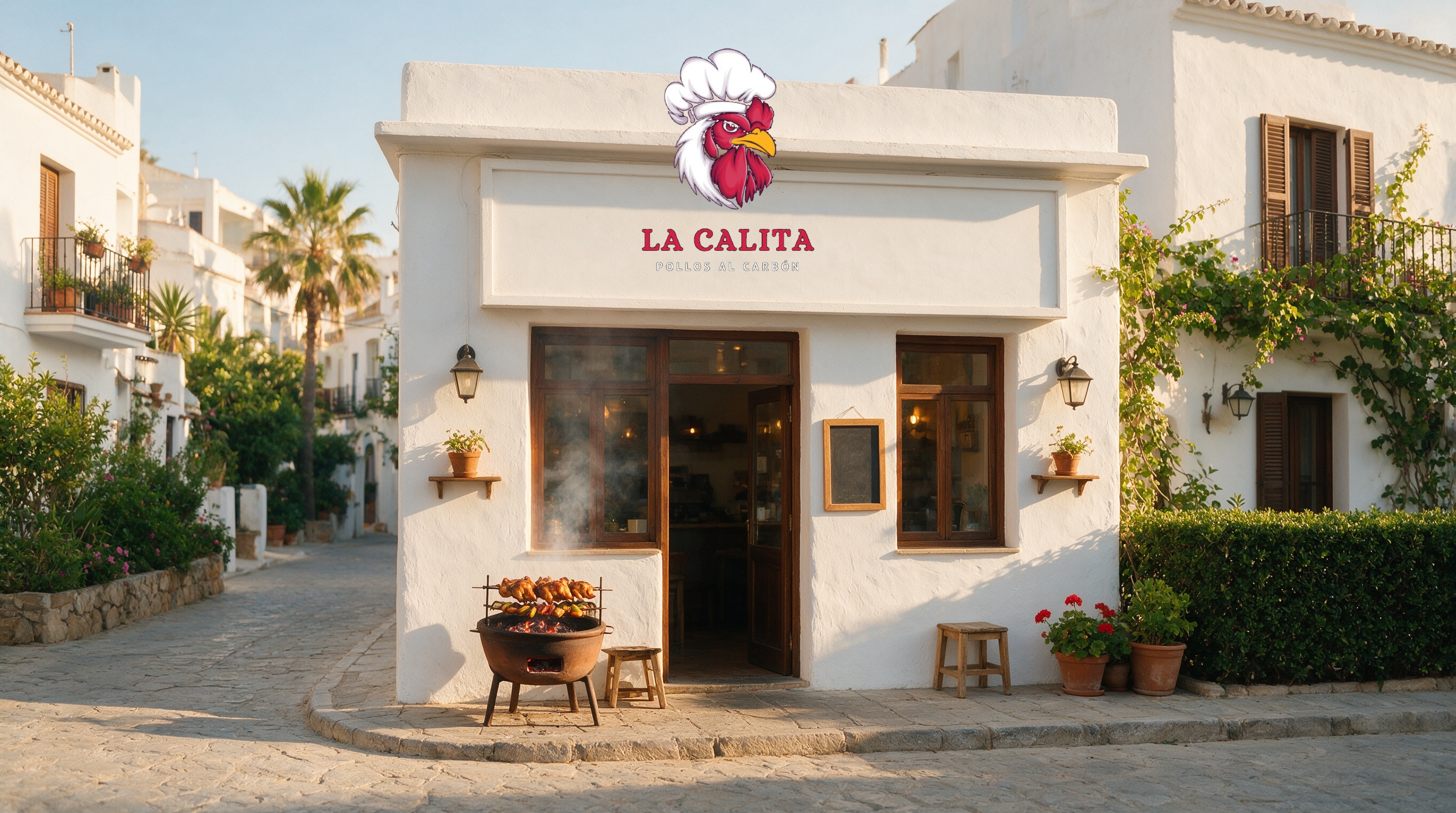 Fachada de La Calita con el gallo del logotipo y el rótulo LA CALITA · POLLOS AL CARBÓN